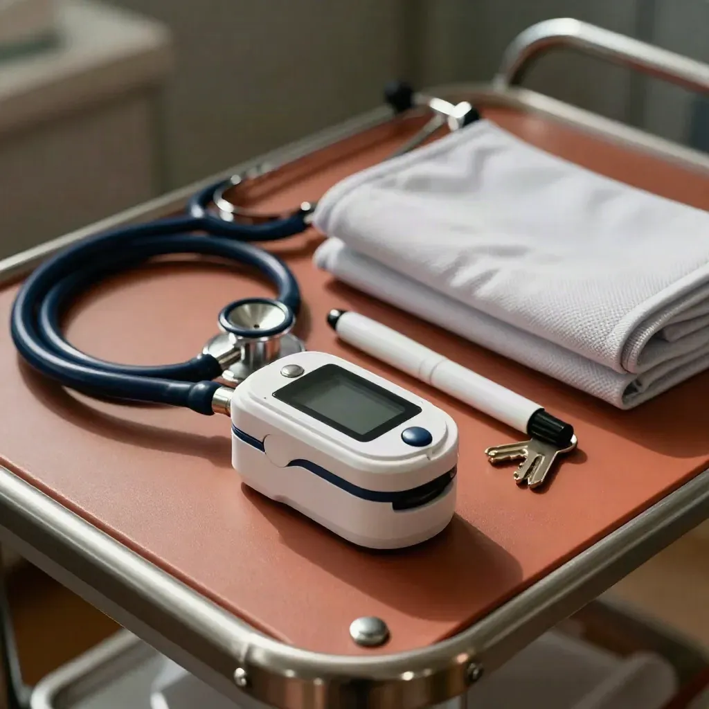 Macro still life of a PA diagnostic kit with oximeter, stethoscope, otoscope, penlight, and cuff.