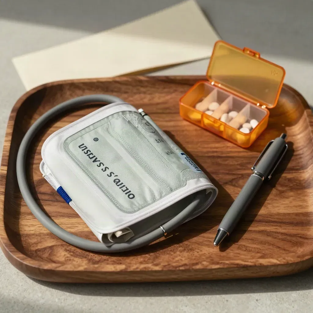 Overhead medical flatlay: blood-pressure cuff, pill organizer and pen on walnut tray.