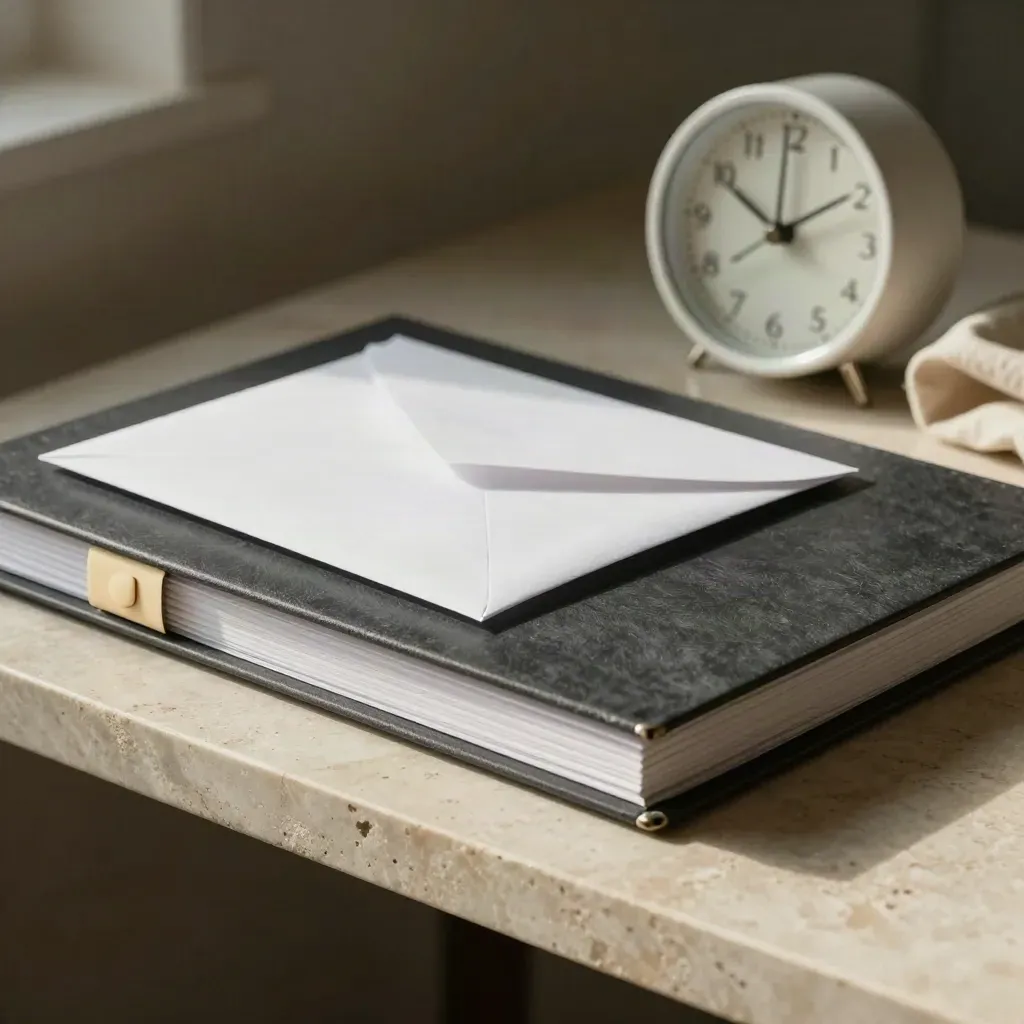 Binder, sealed envelope, and slim clock on a pale stone shelf in soft side light.