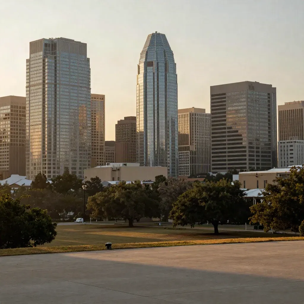 Golden-hour North Dallas skyline above quiet tree-lined office grounds with open copy space.