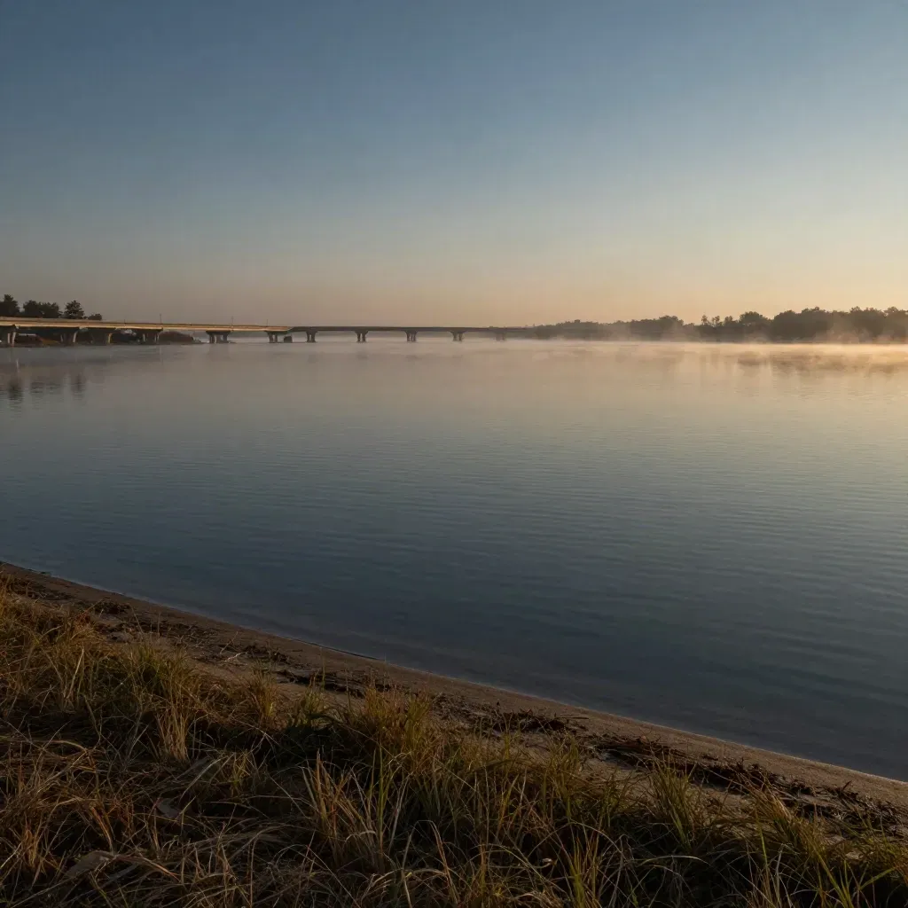 Misty Lake Ray Hubbard sunrise with low bridges and a faint East DFW skyline.