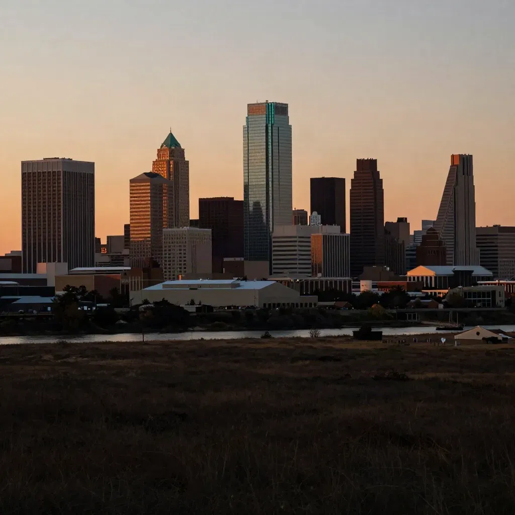 Fort Worth skyline in sunset haze above a calm dark foreground
