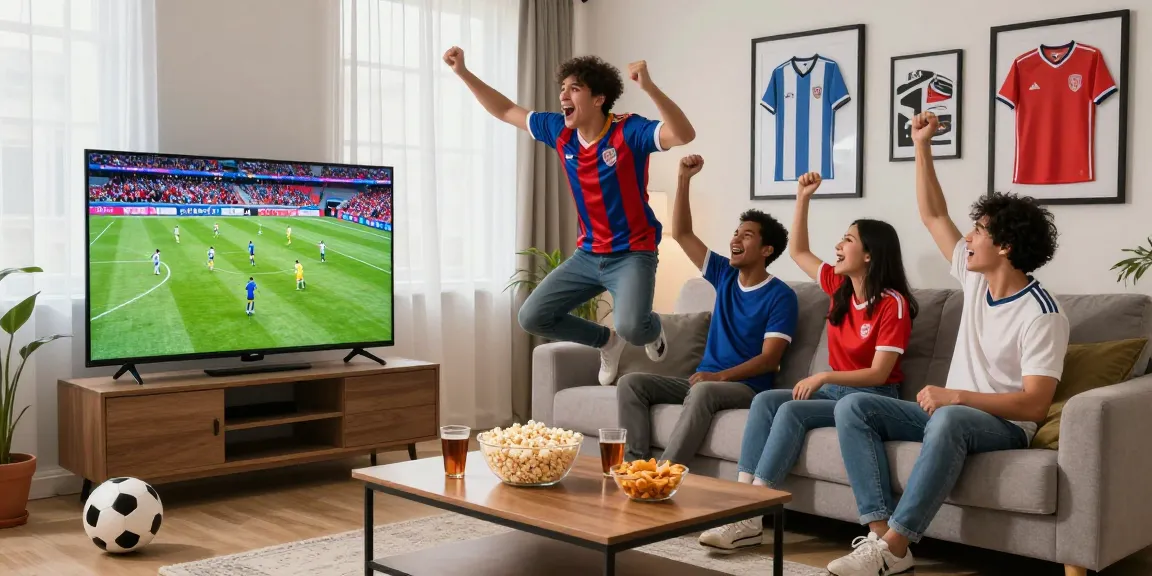 Friends enjoying a lively koora tv soccer match in a cozy living room.