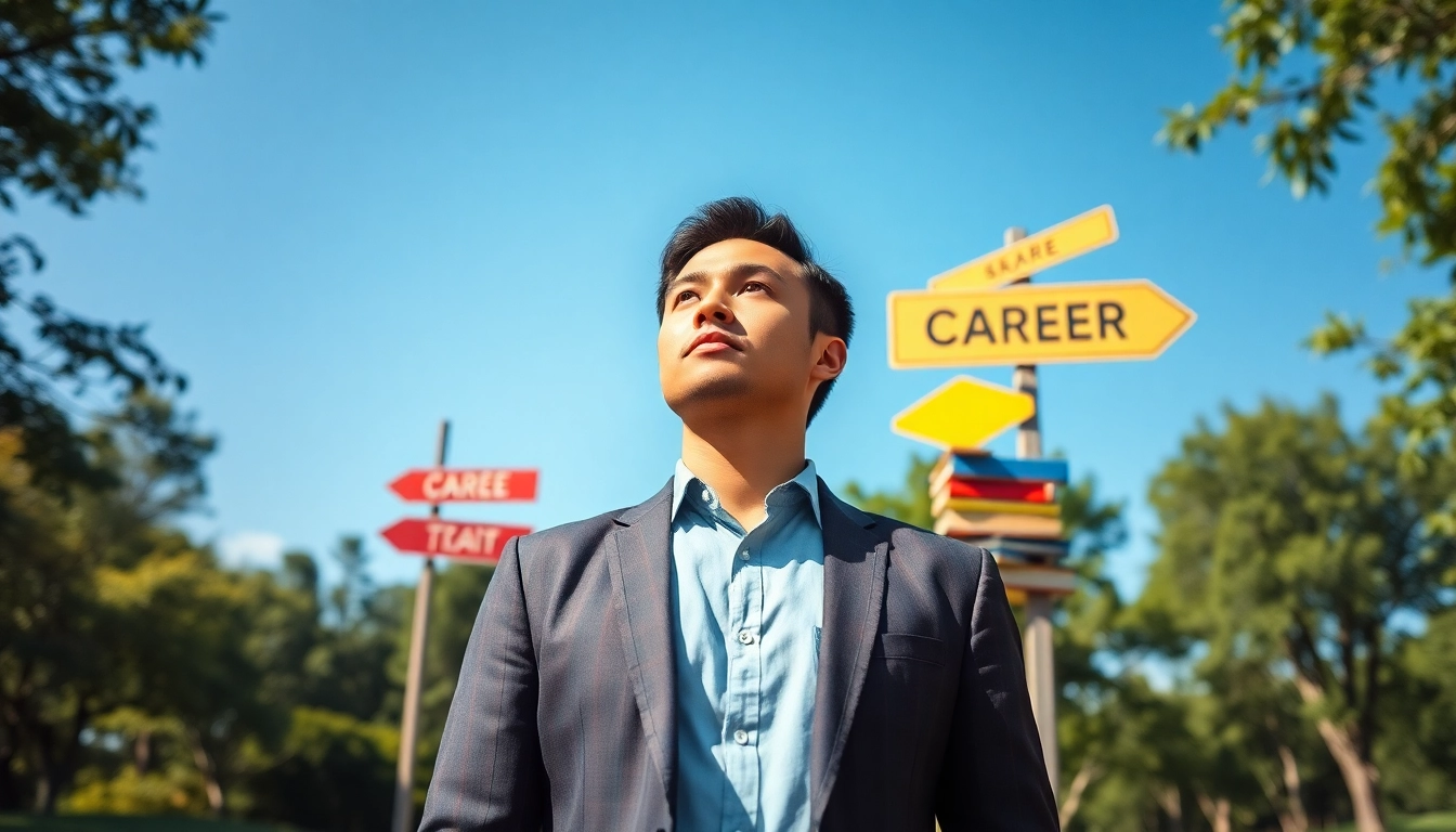 Find my true calling as an individual contemplates different career paths at a lush crossroad.
