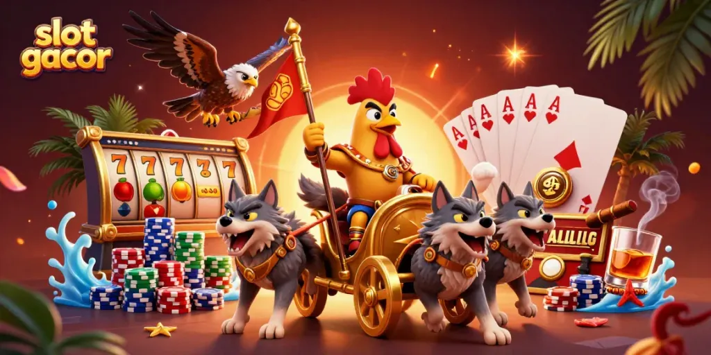Slot gacor yang menampilkan ilustrasi 3D kartun dengan karakter utama di kasino penuh warna.