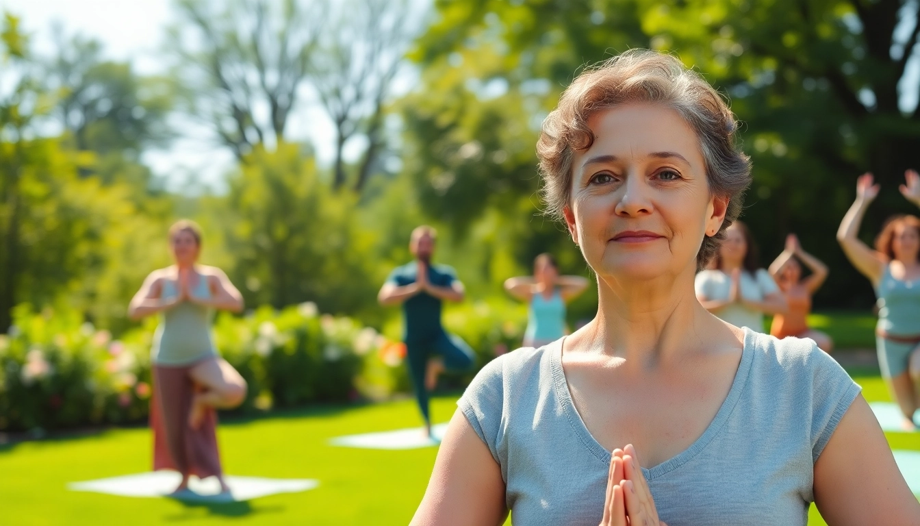 Embrace health through yoga practice in a vibrant park setting with diverse individuals.