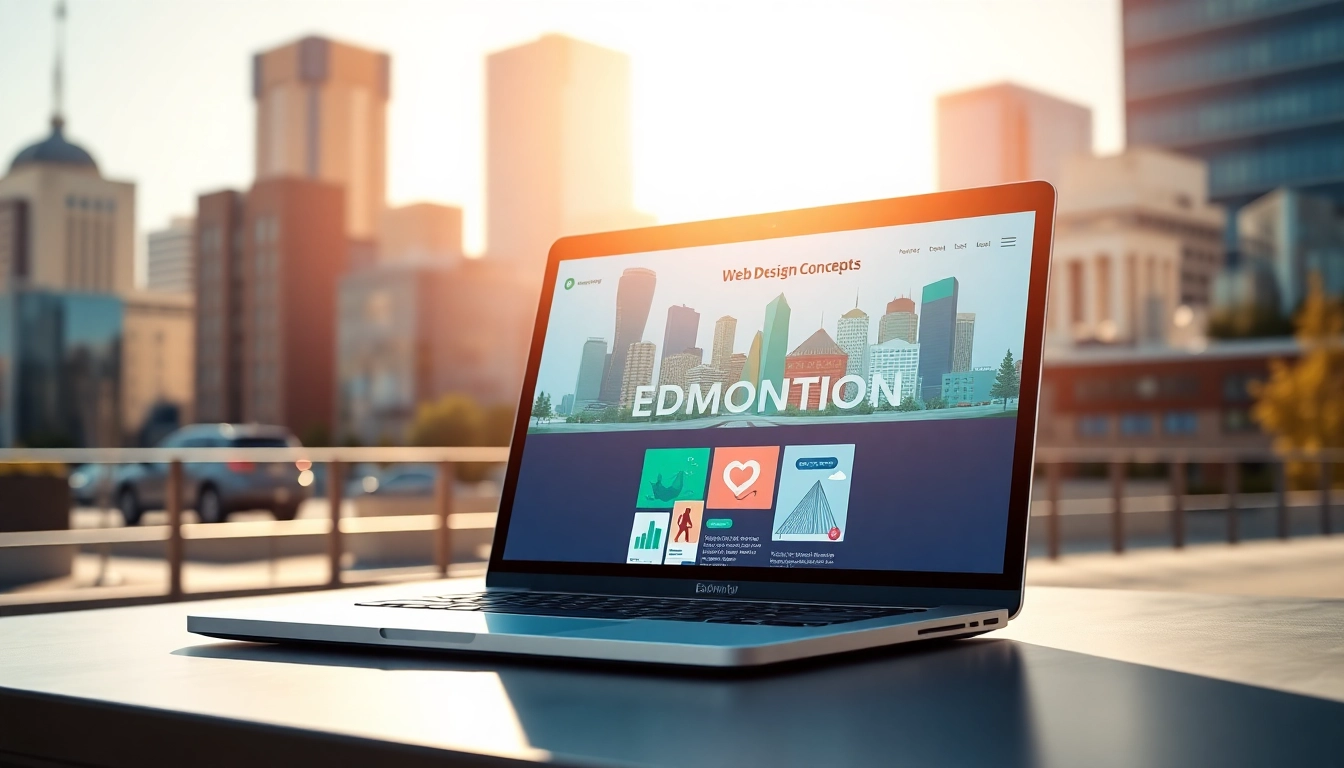 Showcasing Edmonton web design in a vibrant digital workspace with urban skyline.