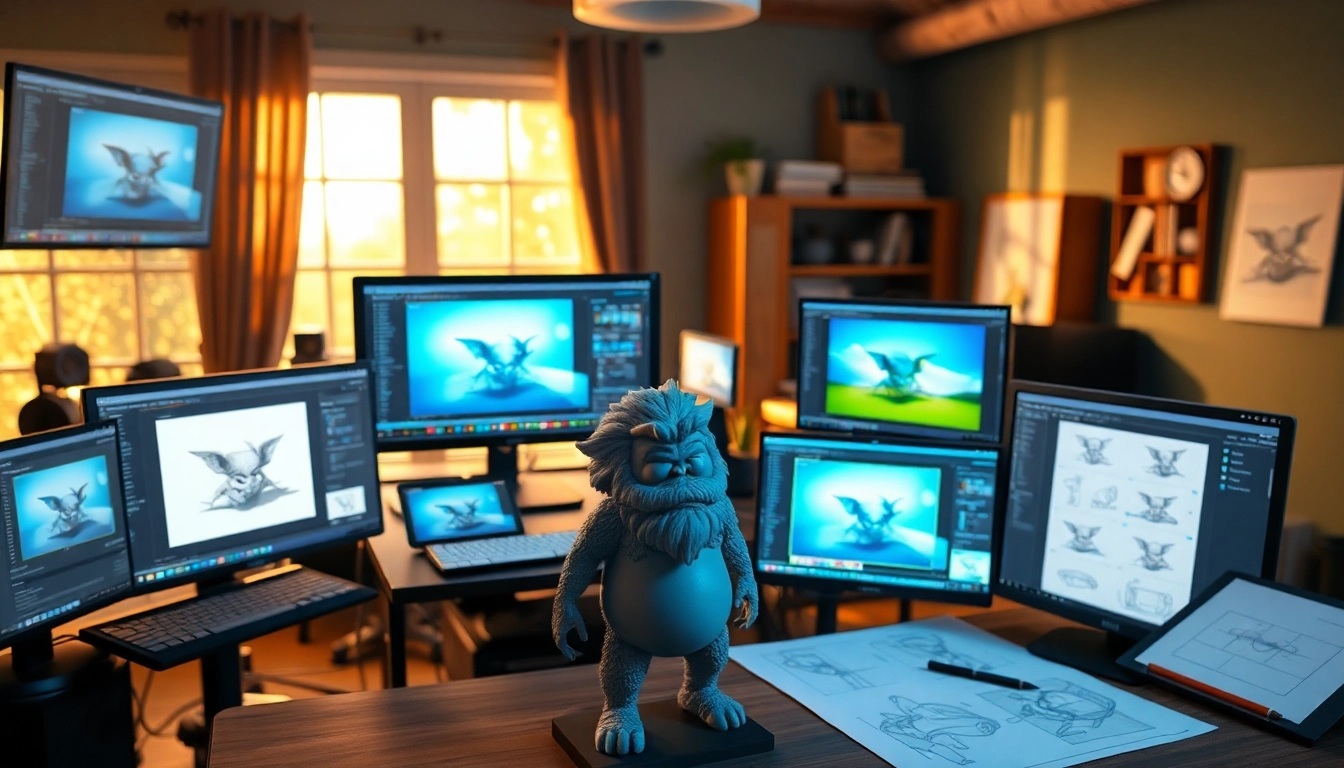 3D Animation studio showcasing character models and design sketches in a vibrant workspace.