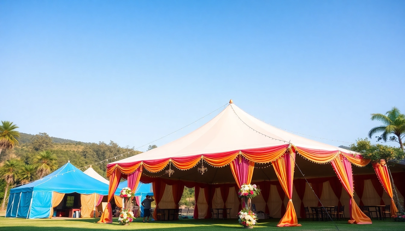 Showcasing vibrant Tent Rentals in a scenic outdoor setting decorated for a celebration.