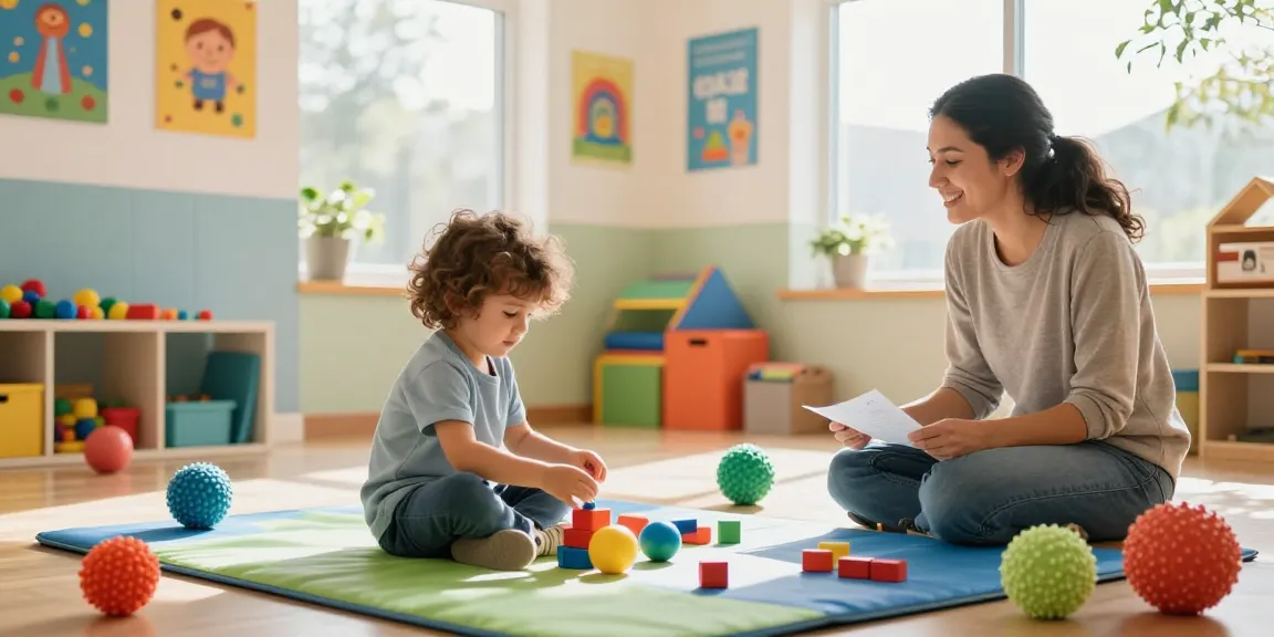 Occupational therapy helping children develop motor skills while engaging with a therapist in a supportive environment.