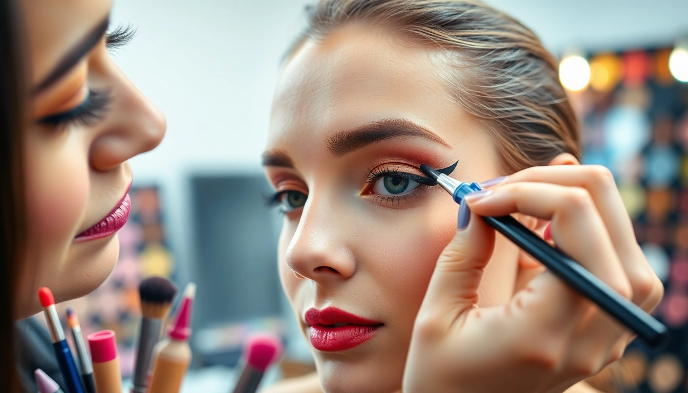 Applying an eyeliner stencil for precise eye makeup application on a model.