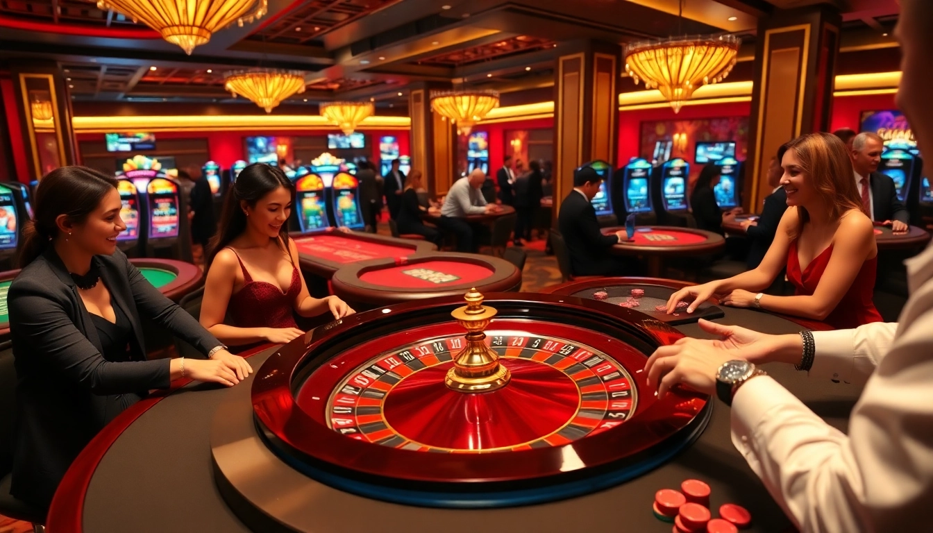 Experience the thrill at RR88's vibrant casino scene with players engaging at a roulette table.