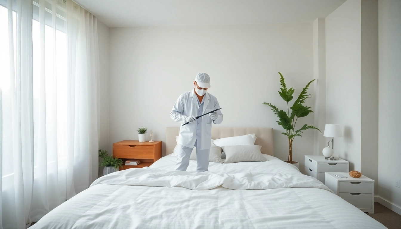 Inspecting bed bug exterminator cost in a bright, modern bedroom setting.