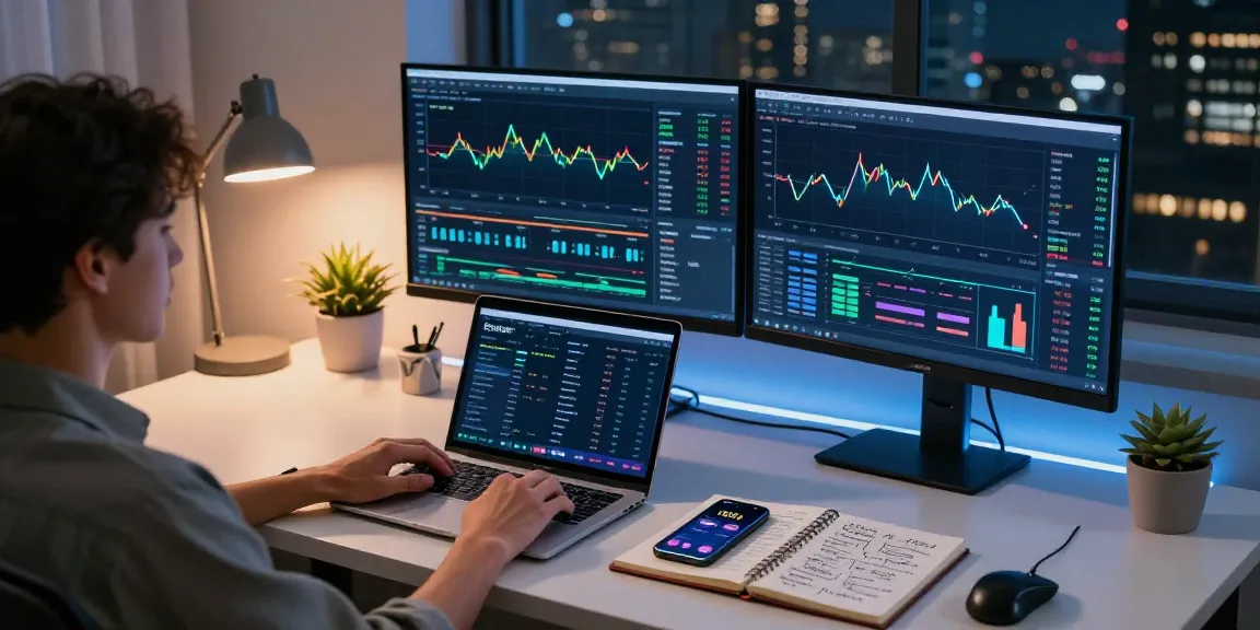 Secure cloud mining platform with dynamic cryptocurrency trading setup featuring monitors displaying blockchain analytics and DeFi protocols.