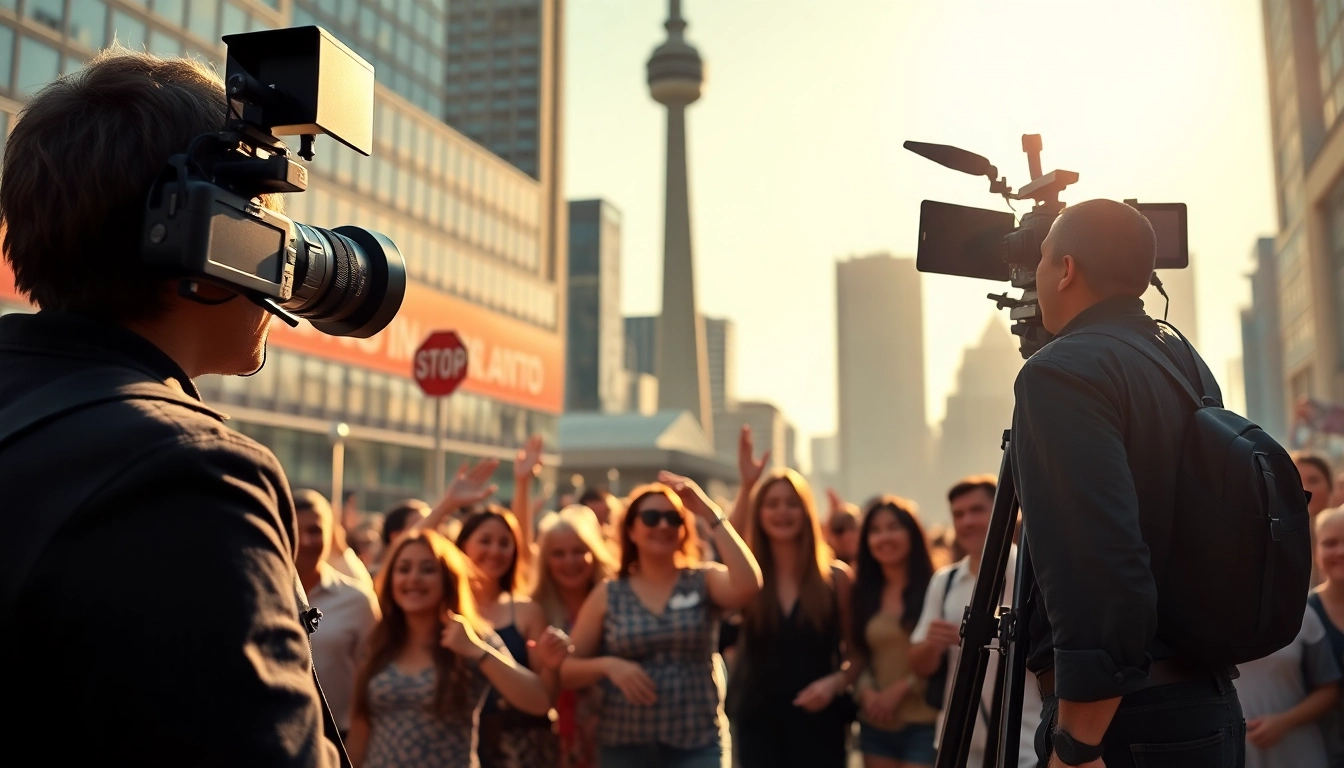 Professional videographers in toronto capturing a lively urban event in natural sunlight.