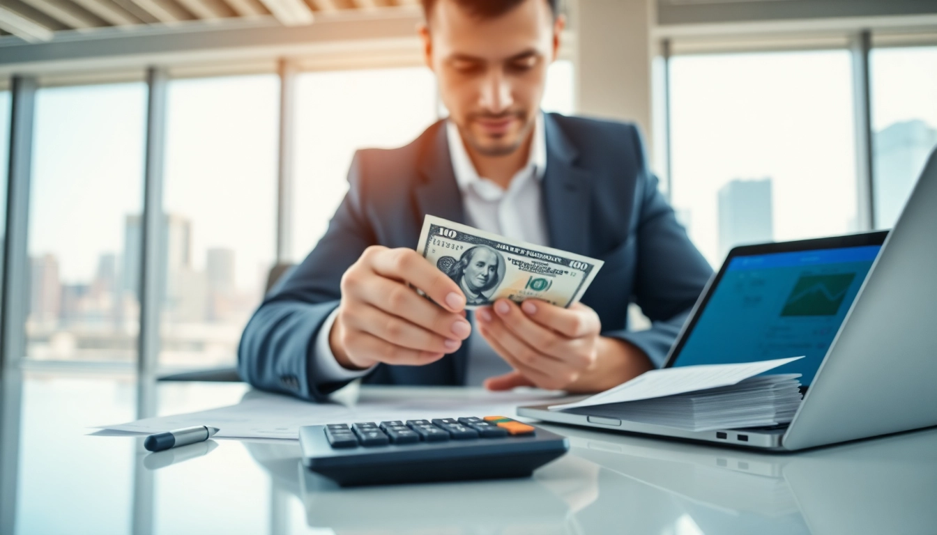 Menganalisis deposit 1k uang tunai di kantor modern dengan alat perhitungan.