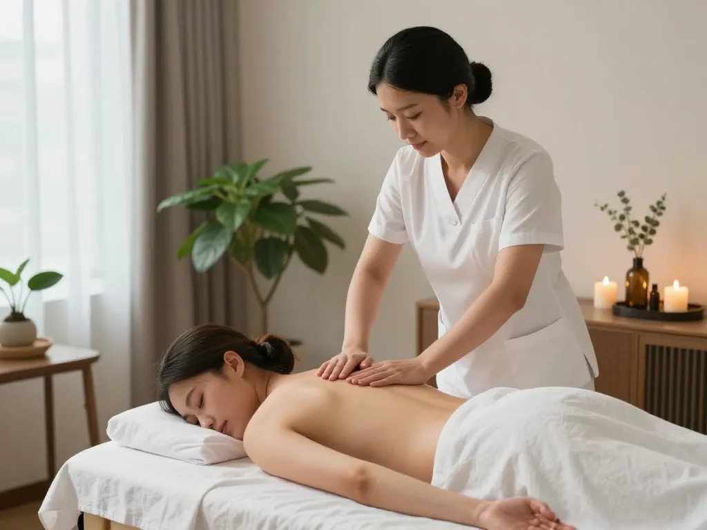 부드러운 조명과 자연 요소가 있는 편안한 스파 환경에서의 고요한 마포스웨디시 마사지 장면.