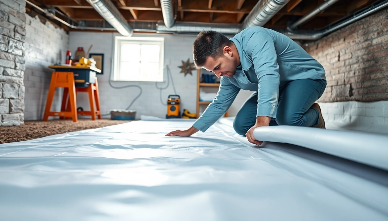 Vapor barrier installation process demonstrating a technician laying the barrier in a crawl space.