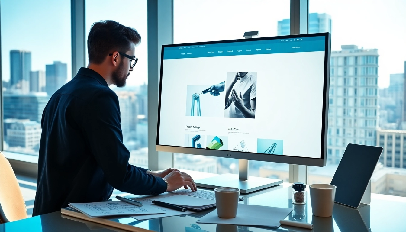 Elevated edmonton web design workspace showcasing a graphic designer creating a modern layout.