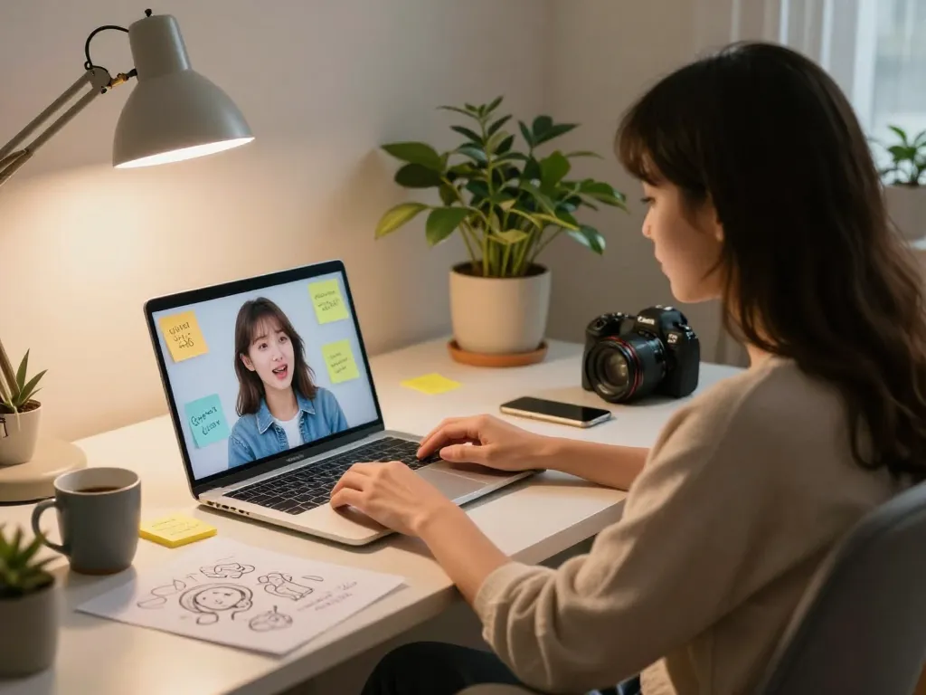 Person chatting with an AI girlfriend on laptop in a cozy home office.