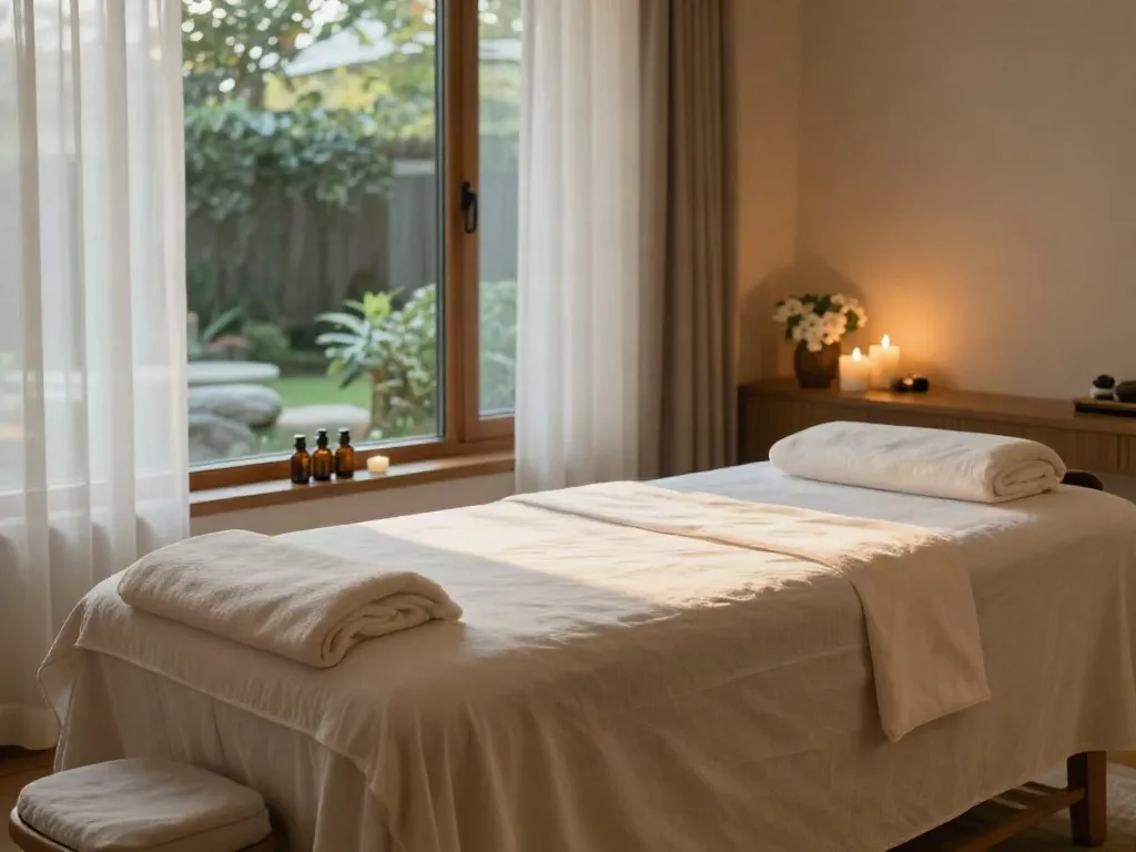 Calm spa setting promoting 간석동출장마사지 with serene atmosphere and essential oils.