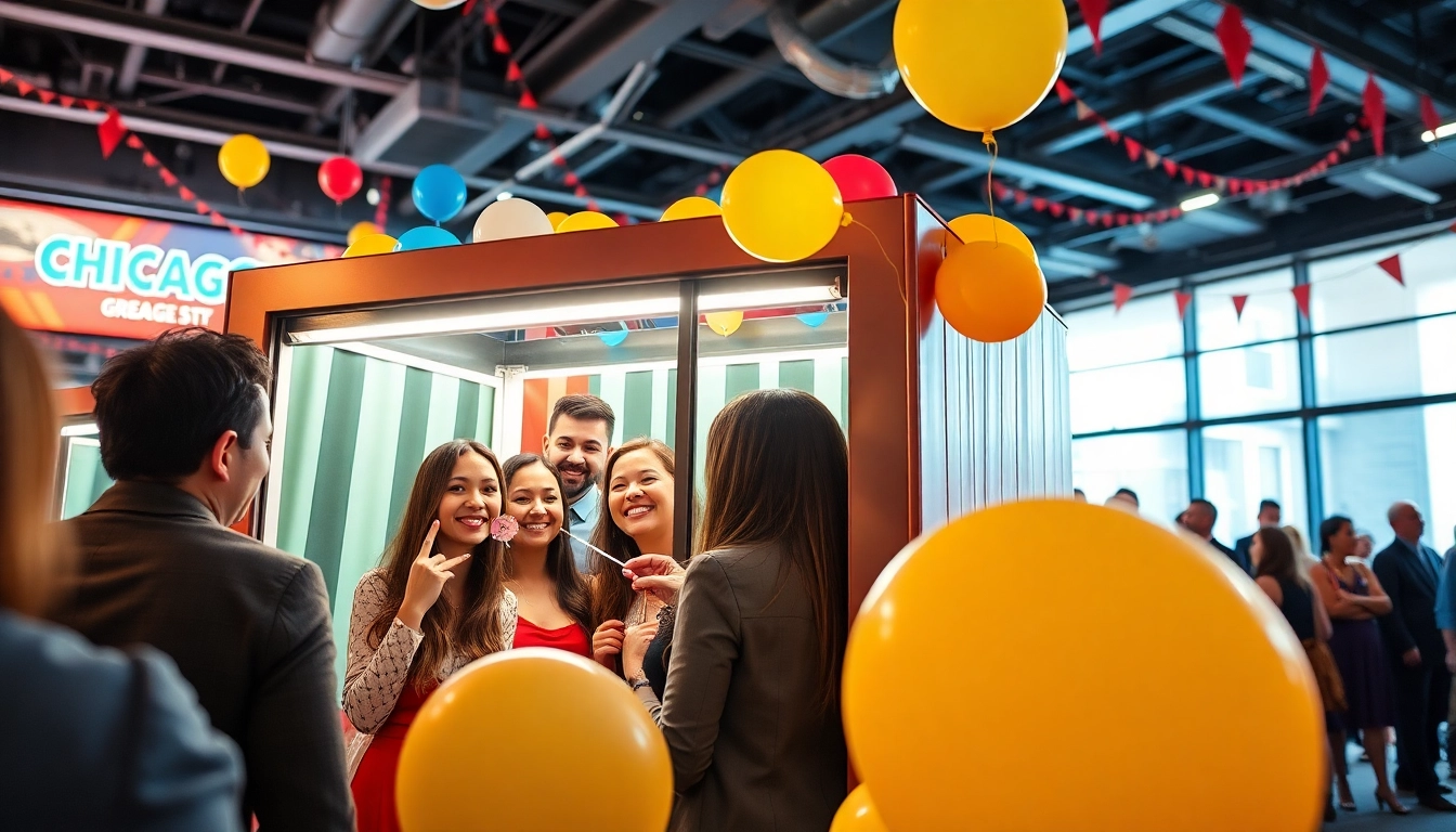 Engaged guests enjoying a photo booth Chicago experience at a festive event.