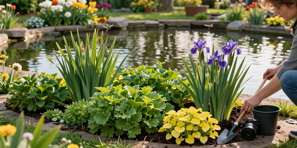 Vibrant marginal pond plants flourishing at garden pond's edge