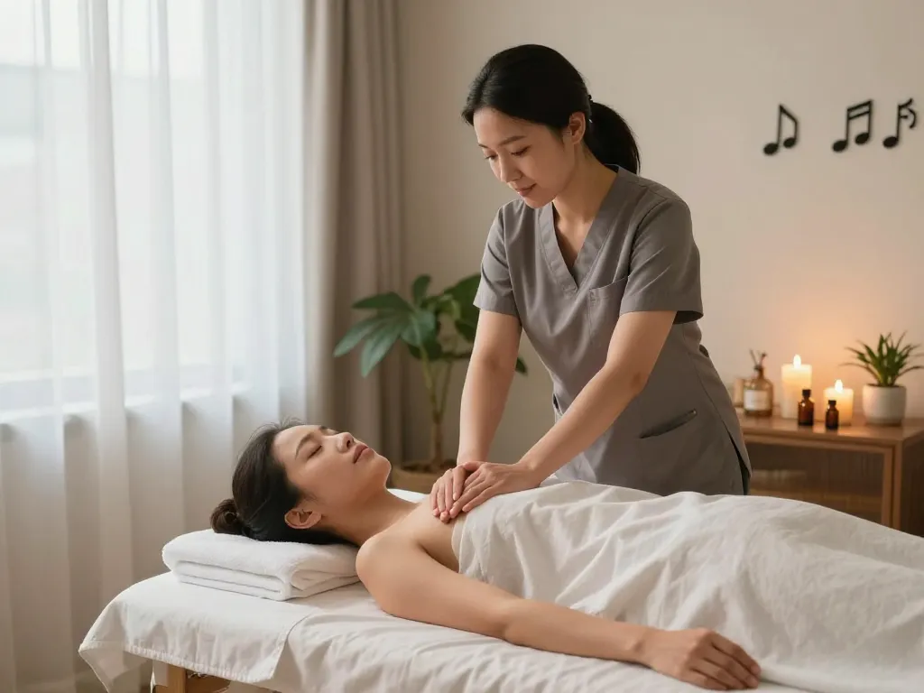 Relaxation therapy scene showcasing maxim-anma.net's professional home massage service with calming ambiance and skilled therapist.