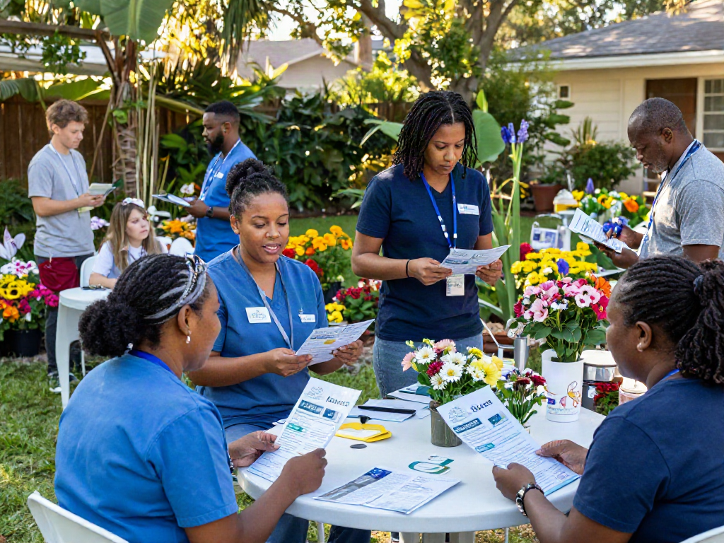 Engaging community home care event promoting bonus new member 100 in a vibrant garden setting.