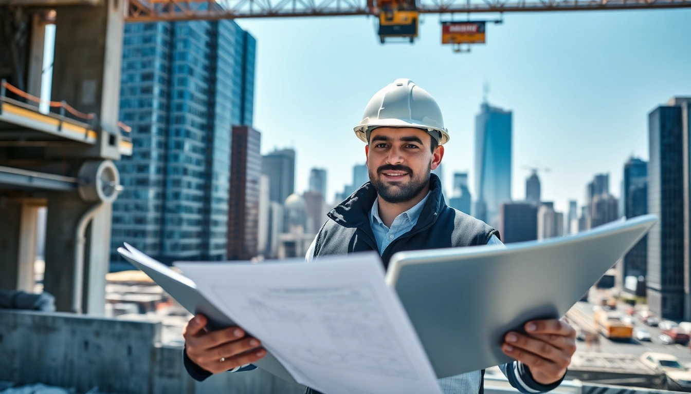 A Manhattan Construction Manager overseeing a project on a busy urban site with digital tools.