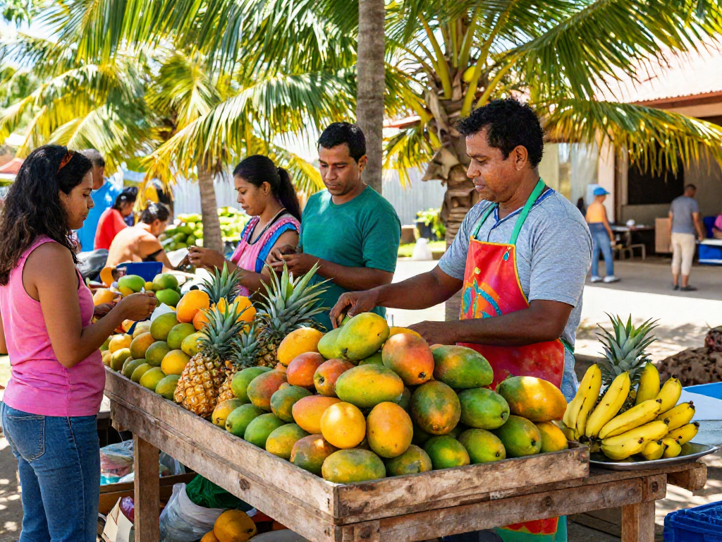 Fresh Camino mangoes displayed at a lively tropical fruit market.