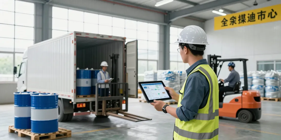 Bulk chemical supplier overseeing logistics in a modern warehouse environment