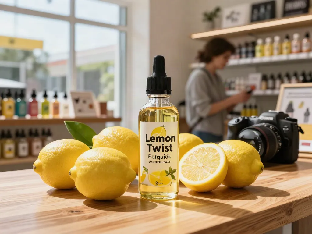 Fresh lemons and Golden Coast Lemon Bar e-liquid displayed in a vibrant vape shop setting.