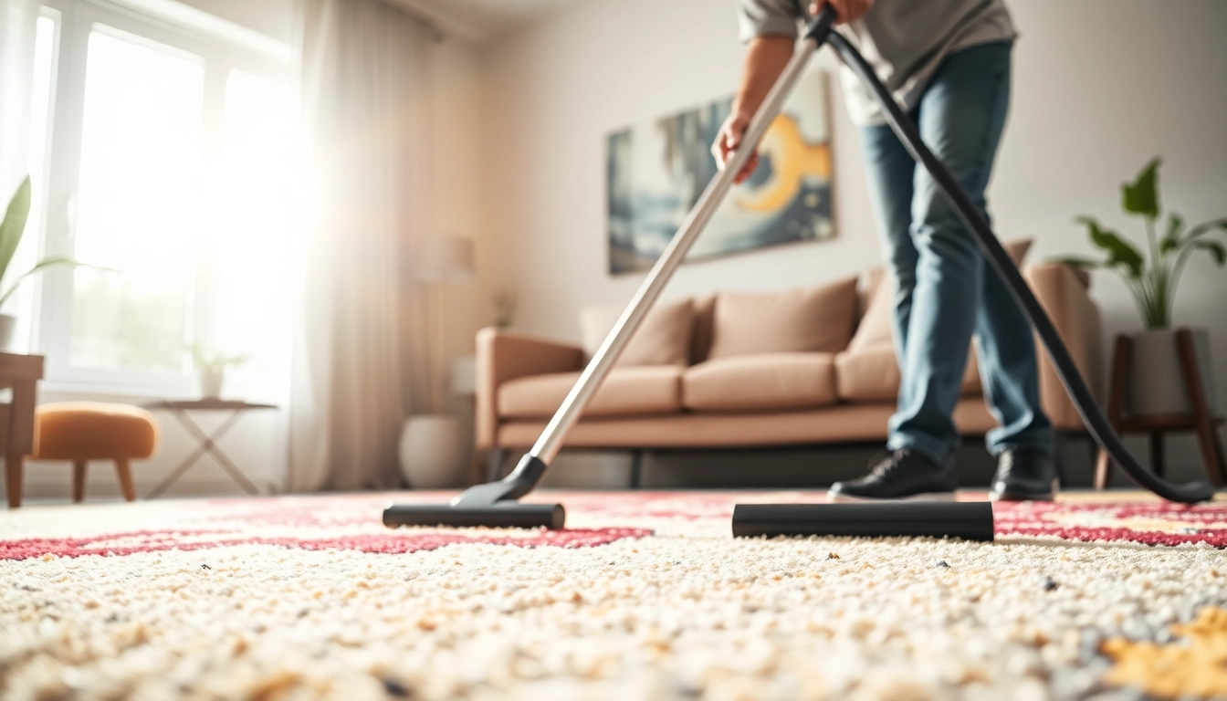 Carpet cleaning business professional vacuuming a stylish area rug indoors.