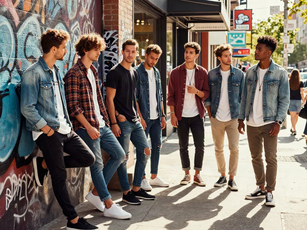 Groep jonge mannen in goedkope herenkleding poseert tegen een graffiti muur in de stad.