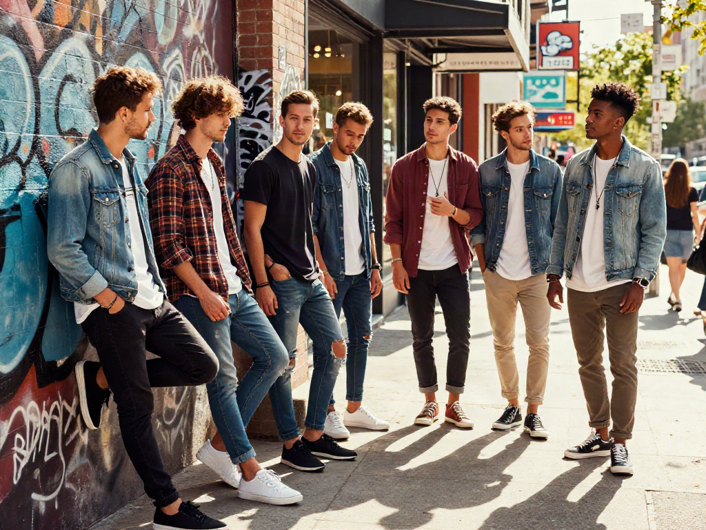Groep jonge mannen in goedkope herenkleding poseert tegen een graffiti muur in de stad.