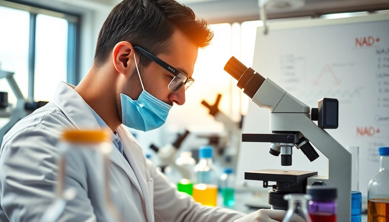 NAD+ analysis by a scientist showcasing laboratory equipment and colorful samples.