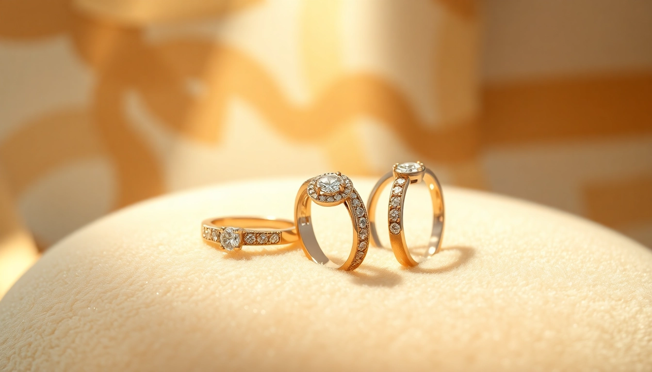 Admire luxury rings featuring exquisite craftsmanship and sparkling gemstones on a velvet backdrop.
