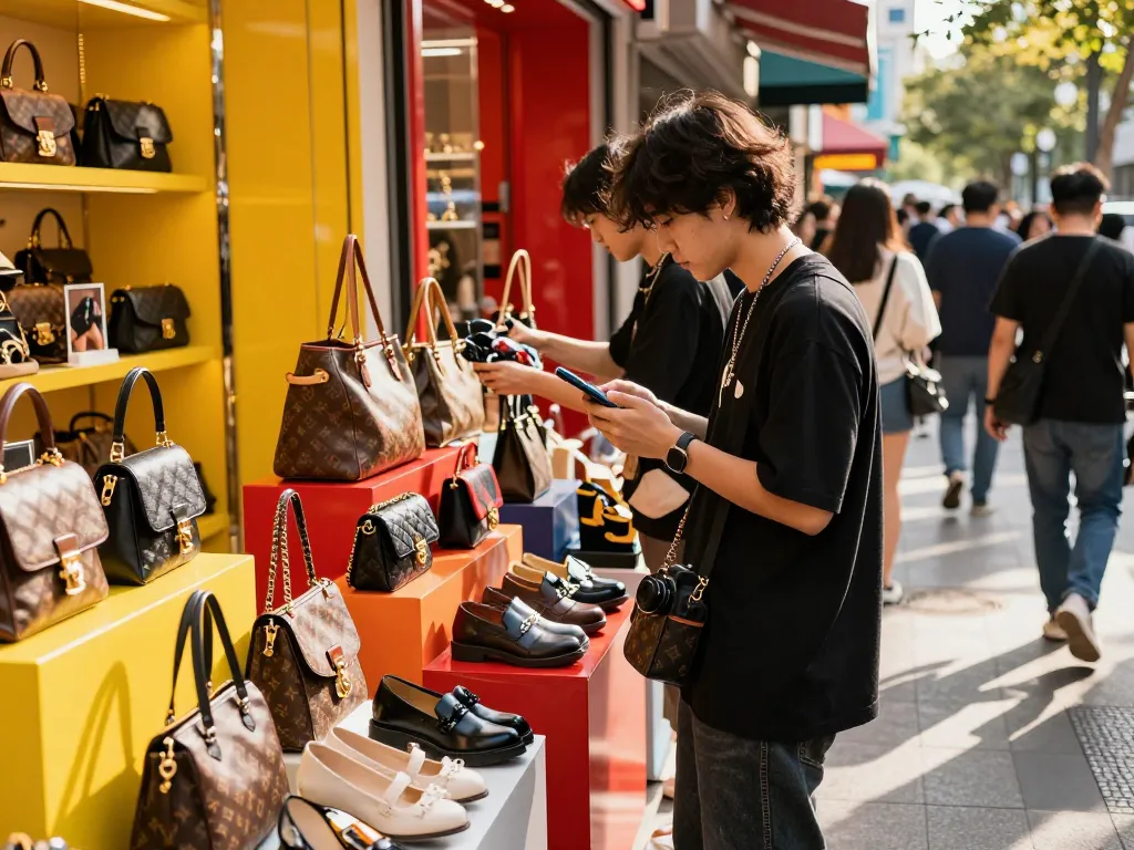 Shoppers exploring a lively 레플리카 쇼핑몰 filled with luxury replica products, showcasing vibrant urban fashion.