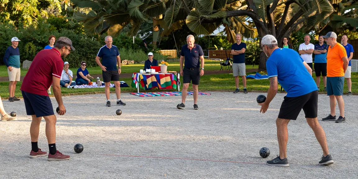 Aktivitas petanque di fopikotapalu.org, pemain melempar boules dengan semangat di lapangan terbuka.