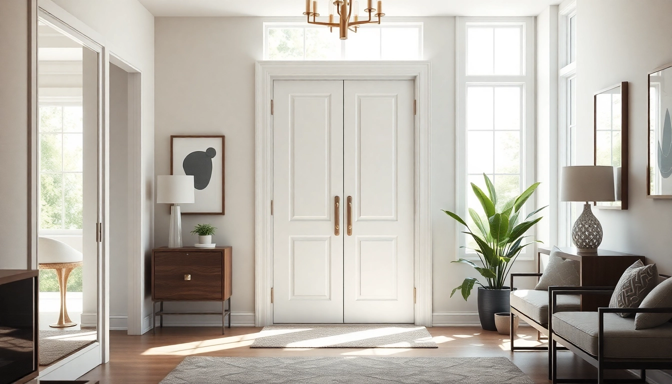 Open single leaf swing door invites entry with modern design and warm tones.