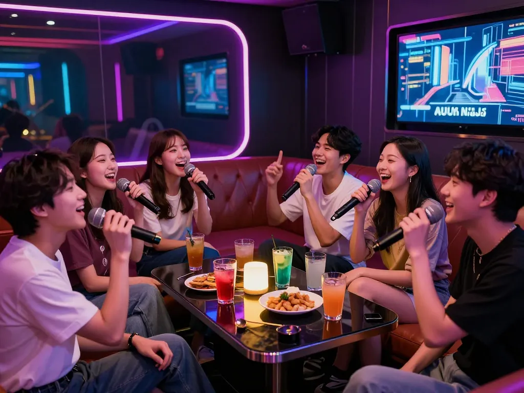 인천쓰리노 노래방의 생동감 넘치는 분위기와 네온 조명, 활기찬 사회적 상호작용