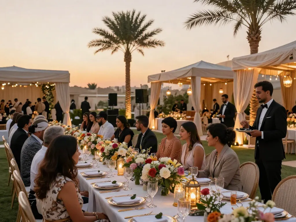 Event rental KSA outdoor elegant setup with guests, decor, and catering in Riyadh.