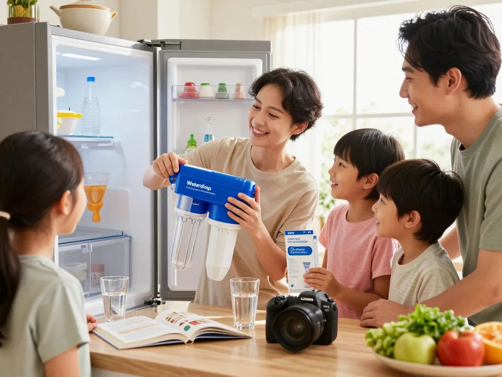 Family joyfully replacing the Waterdrop Maxblue EDR3RXD1 Replacement for 4396841 water filter in a bright kitchen, emphasizing clean water importance.