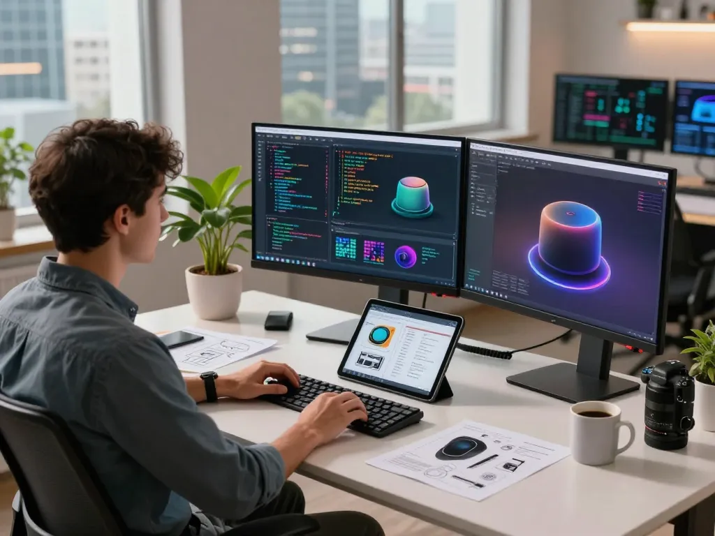 Developing 3D product configurator software in a modern workspace, showcasing dual monitors and vibrant code.