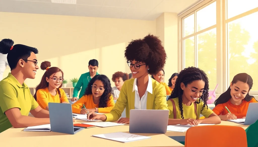 Education scene showcasing enthusiastic students participating in interactive learning activities.