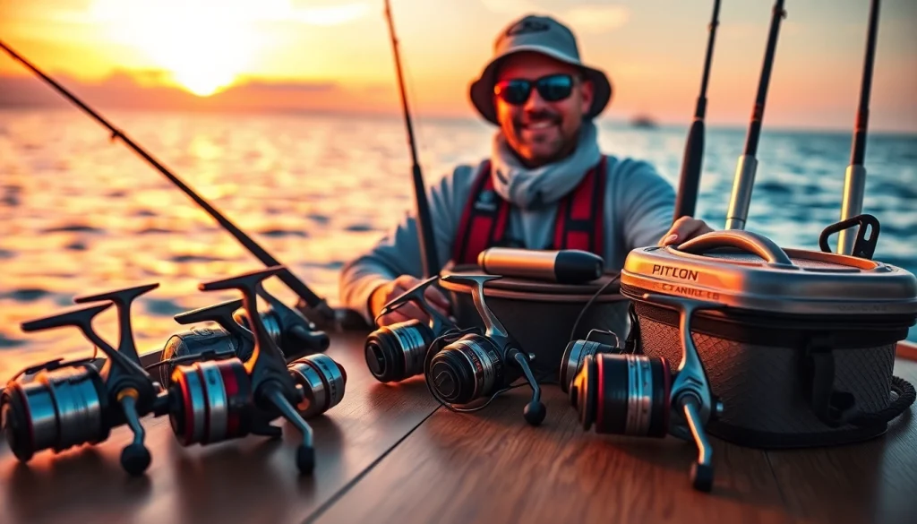 Showcasing fishing gear for Cabo on a wooden boat deck against a vibrant sunset.