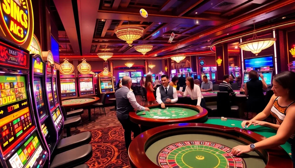 The bustling KJC AC 3 casino scene filled with engaging poker tables, slot machines, and lively gambling activities.