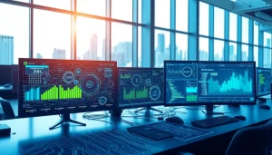 Showcasing technology through sleek devices and vibrant data visuals in a modern office.