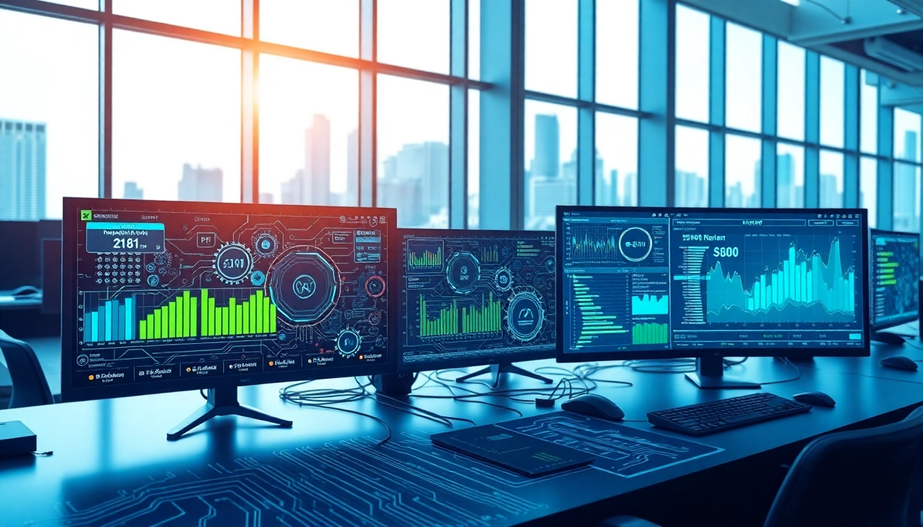 Showcasing technology through sleek devices and vibrant data visuals in a modern office.